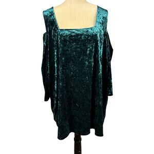 Catherines Crushed Velvet Velour Green Square Neck Cold Shoulder Blouse 3X Tuni